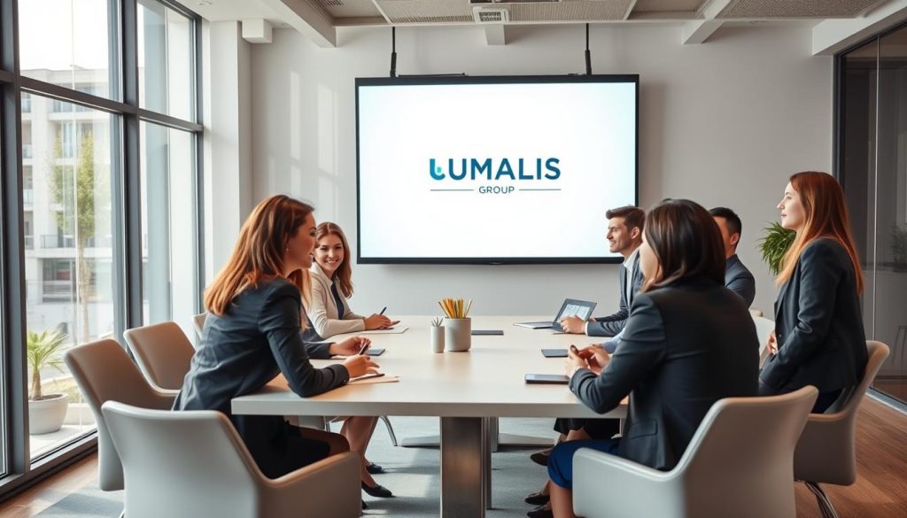 A professional business setting illustrating the concept of job security through "portage salarial." In the foreground, show a diverse group of individuals in professional business attire gathered around a conference table, engaged in a positive discussion. The middle ground should feature a large presentation screen displaying the logo "UMALIS GROUP," symbolizing support and stability in freelance employment. The background includes a modern office environment with large windows allowing natural light to flood in, conveying a sense of openness and opportunity. The scene should evoke a mood of collaboration and trust, emphasizing the benefits of job security in portage salarial. Use soft lighting to create a warm, inviting atmosphere, shot from a slightly elevated angle to capture the entire scene effectively.