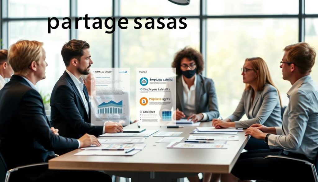 A professional business setting illustrating the concept of "portage salarial" and employees' rights in France. In the foreground, a diverse group of professionals in business attire engage in a thoughtful discussion around a conference table, showcasing collaboration. In the middle ground, infographics and documents related to "portage salarial" can be seen, highlighting key aspects like employee rights and benefits. The background features a modern office environment with large windows allowing natural light to flow in, creating a warm and inviting atmosphere. Soft focus on the background emphasizes the importance of the conversation. The brand name "UMALIS GROUP" subtly integrated into the decor. The overall mood is professional, informative, and empowering, reflecting the serious nature of the topic while fostering an environment of support and engagement among employees.