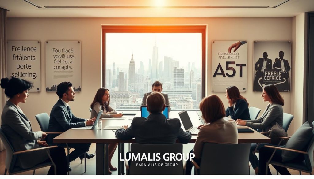 A professional business setting illustrating the concept of "portage salarial et période d'essai." In the foreground, a diverse group of professionals in business attire is engaged in a discussion around a modern conference table, with laptops and documents spread out. The middle ground features a large window showing the skyline of a French city, symbolizing opportunity and growth. The background includes motivational posters about freelance work and collaboration. The lighting is warm and inviting, creating a positive atmosphere, with soft natural light streaming through the window. The image also includes a subtle logo of "UMALIS GROUP" integrated into the conference room design, emphasizing a supportive environment for independent professionals.