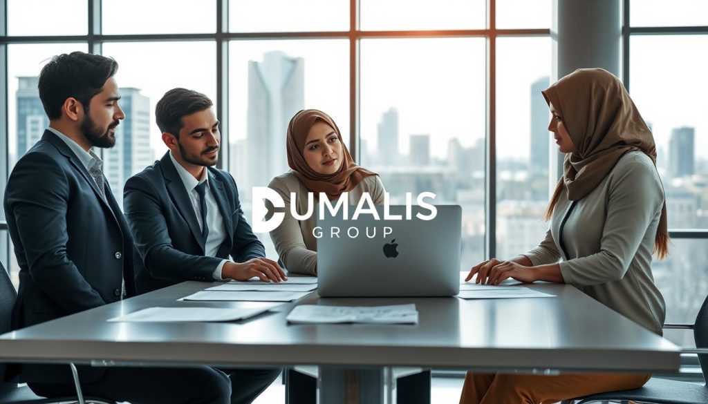 A professional business setting illustrating the tripartite relationship in portage salarial. In the foreground, a diverse group of three professionals—a male and a female in smart business attire, and a female in modest casual clothing—are engaged in a discussion around a laptop, with documents spread out on a sleek conference table. In the middle, a modern office environment with large windows allowing natural light to filter through, casting soft shadows. The background features a city skyline visible through the windows, emphasizing a vibrant professional atmosphere. Include the logo "UMALIS GROUP" subtly integrated into the scene. Capture a sense of collaboration and professionalism, with a warm, inviting mood that highlights teamwork and mutual respect.