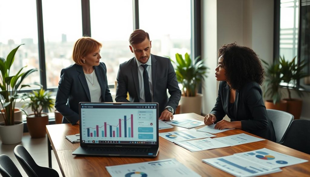 A professional business setting in France, featuring a diverse group of three individuals engaged in a discussion about pricing strategies. In the foreground, a tall wooden table covered with documents, charts, and a laptop displaying graphs related to tariffs. The individuals, dressed in smart business attire, include a middle-aged woman with short hair, a young Asian man, and a Black woman with curly hair, all focused and engaged in conversation. The middle ground showcases a softly lit modern office with large windows displaying a cityscape. In the background, a hint of greenery from potted plants creates a serene atmosphere. Soft, natural light streaming in enhances the sense of collaboration and professionalism, emphasizing clarity and informed decision-making.