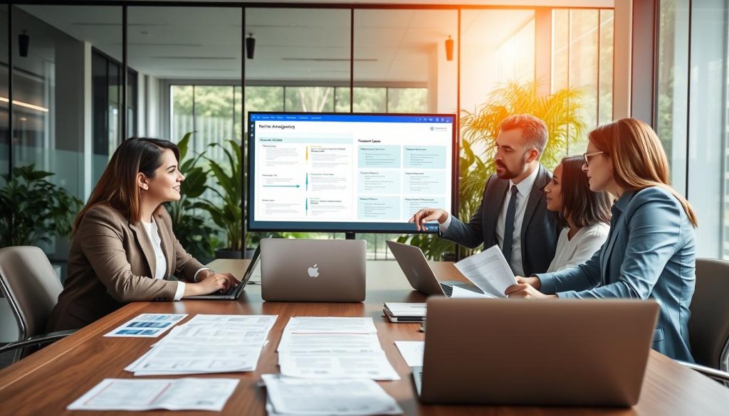A professional business setting in a modern office environment, showcasing a diverse group of individuals—two men and two women—engaged in a discussion around a large conference table. The foreground features detailed paperwork and laptops, representing the preparation for a Portage salarial assignment. In the middle, the team is reviewing documents and pointing at a digital screen displaying visual project timelines and agreement scopes. The background shows sleek glass walls and greenery, indicating a productive workspace. Soft natural lighting filters through the windows, creating an inviting atmosphere. All individuals are dressed in professional business attire. The brand logo "Umalis Group" subtly appears on one of the documents. The image conveys teamwork and the essence of preparing for a successful assignment.