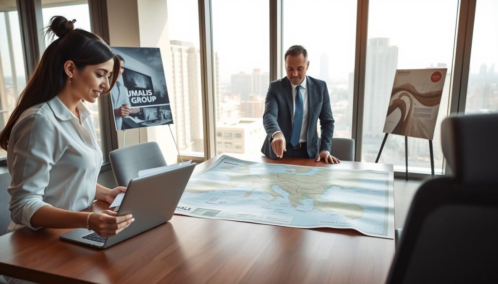 A professional business setting in an office, with a diverse group of three professionals engaged in preparing for a work trip. In the foreground, a woman in smart casual attire is reviewing documents on a laptop, displaying a focus on details and organization. In the middle ground, a man in a tailored suit is pointing at a large travel map spread across the conference table, illustrating key travel routes and logistics. In the background, large windows let in natural light, highlighting a modern cityscape, adding an upbeat and professional atmosphere. Soft shadows create a warm, inviting mood. Include the brand name "UMALIS GROUP" subtly in decor, like a wall poster. The angle should convey an immersive perspective of collaboration and planning.