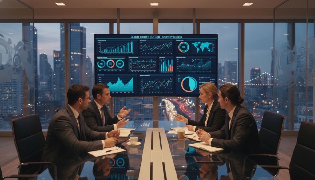 A professional business setting reflecting "market strategy." In the foreground, a diverse group of four business professionals engaged in a heated discussion around a sleek, modern conference table, dressed in formal business attire. In the middle, a large digital screen displaying dynamic graphs and charts related to market analysis and trends. The background features a high-rise office with large windows showcasing a bustling cityscape, symbolizing opportunity and competition. Soft, warm lighting enhances the atmosphere of collaboration and strategy. This image should convey a sense of urgency and focus on success. Include subtle branding elements resembling the website portagesalarials.com in the environment, ensuring no text is visible. Lens angle should be slightly elevated for a comprehensive view of the scene.