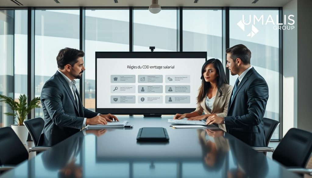 A professional business setting representing the rules of fixed-term contracts (CDD) within a portage salarial framework. In the foreground, a diverse group of three corporate professionals in smart business attire—two men and a woman—are engaged in discussion over documents on a sleek conference table. The middle ground features a large screen displaying a clear infographic outlining "Règles du CDD en portage salarial." The background shows a modern office environment with large windows allowing natural light to fill the room, casting soft shadows. The lighting is bright and professional, enhancing the focus on collaboration and clarity. The mood conveys a sense of professionalism and teamwork. The brand name "UMALIS GROUP" is subtly referenced in the visual elements around the room, reinforcing the context without being explicit.