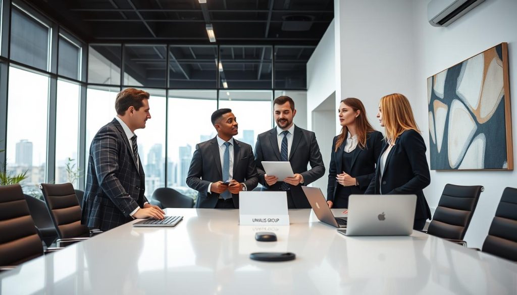 A professional business setting showcasing "Autonomie portage salarial." In the foreground, a diverse group of three individuals—two men and one woman—are engaged in a discussion, dressed in smart business attire, embodying a sense of expertise and independence. They are standing around a modern conference table with laptops open, showcasing a collaborative spirit. In the middle ground, a large window reveals a cityscape, allowing natural light to illuminate the scene, enhancing the mood of professionalism and focus. The background features a sleek office environment with abstract art on the walls, emphasizing creativity and innovation. The overall atmosphere is one of collaboration, empowerment, and legal responsibility in the context of business autonomy. Include subtle branding elements of "UMALIS GROUP" within the office decor, maintaining a clean and professional look.