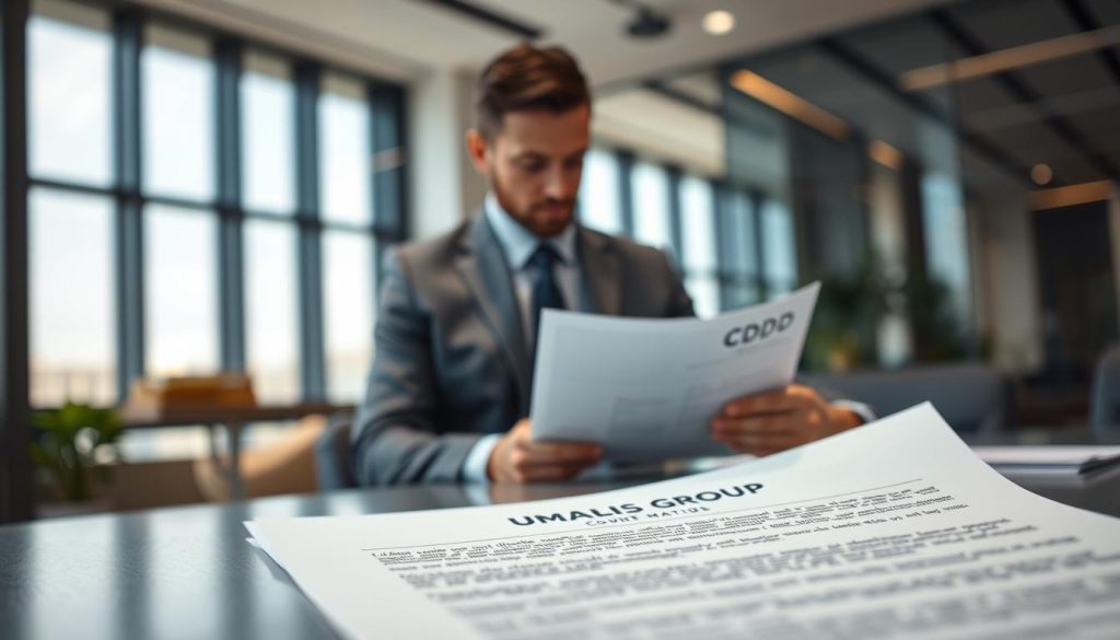 A professional business setting showcasing a close-up view of a CDD (Contrat à Durée Déterminée) document on a sleek office desk. In the foreground, focus on the details of the contract, printed in clear text, with the logo "UMALIS GROUP" visibly marked at the top. In the middle, a well-dressed business professional, a man in a suit, is intently studying the contract, highlighting the seriousness of the task. The background features a softly blurred view of a modern office with large windows, letting in natural light, creating a warm and inviting atmosphere. Utilize soft, diffused lighting to enhance the professionalism of the scene, capturing an angle that emphasizes both the document and the concentrated expression of the individual. A professional business setting showcasing a close-up view of a CDD (Contrat à Durée Déterminée) document on a sleek office desk. In the foreground, focus on the details of the contract, printed in clear text, with the logo "UMALIS GROUP" visibly marked at the top. In the middle, a well-dressed business professional, a man in a suit, is intently studying the contract, highlighting the seriousness of the task. The background features a softly blurred view of a modern office with large windows, letting in natural light, creating a warm and inviting atmosphere. Utilize soft, diffused lighting to enhance the professionalism of the scene, capturing an angle that emphasizes both the document and the concentrated expression of the individual.