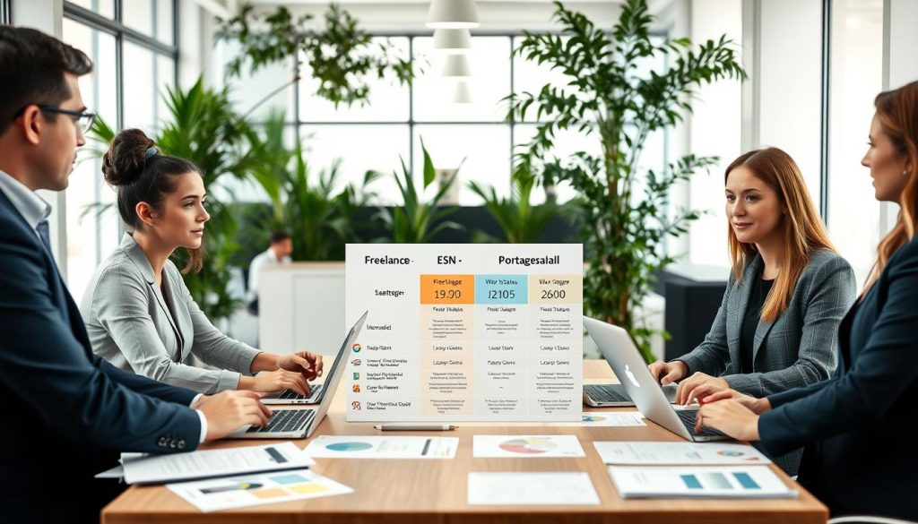 A professional business setting showcasing a comparison of freelance, ESN, and portage salarial work models. In the foreground, a diverse group of three individuals—one male and two female—dressed in smart casual attire, is engaged in discussion around a table filled with laptops, charts, and documents labeled with the Umalis Group logo. The middle ground features a large, clear infographic visually comparing the three work statuses, with icons and color coding for clarity. In the background, a modern office space adorned with green plants and large windows allowing natural light to filter in, creating a bright and inviting atmosphere. The overall mood is collaborative and informative, emphasizing professionalism and clarity. A professional business setting showcasing a comparison of freelance, ESN, and portage salarial work models. In the foreground, a diverse group of three individuals—one male and two female—dressed in smart casual attire, is engaged in discussion around a table filled with laptops, charts, and documents labeled with the Umalis Group logo. The middle ground features a large, clear infographic visually comparing the three work statuses, with icons and color coding for clarity. In the background, a modern office space adorned with green plants and large windows allowing natural light to filter in, creating a bright and inviting atmosphere. The overall mood is collaborative and informative, emphasizing professionalism and clarity.