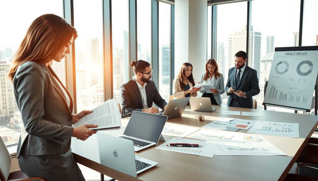A professional business setting showcasing a diverse group of business people engaged in client prospecting discussions. In the foreground, a well-dressed woman is reviewing documents and using a laptop to research potential clients, while a man in a suit takes notes on a notepad. The middle ground features a large conference table with laptops, charts displaying client metrics, and a whiteboard filled with strategic plans. In the background, large windows reveal a bustling cityscape, illuminated by bright sunlight to create a warm and motivational atmosphere. The scene captures a sense of collaboration, professionalism, and the operational constraints of client prospecting within the realm of 'portage salarial'. Include a subtle logo of "UMALIS GROUP" somewhere in the workspace to tie in the brand subtly. Use natural lighting and a wide-angle perspective for depth.