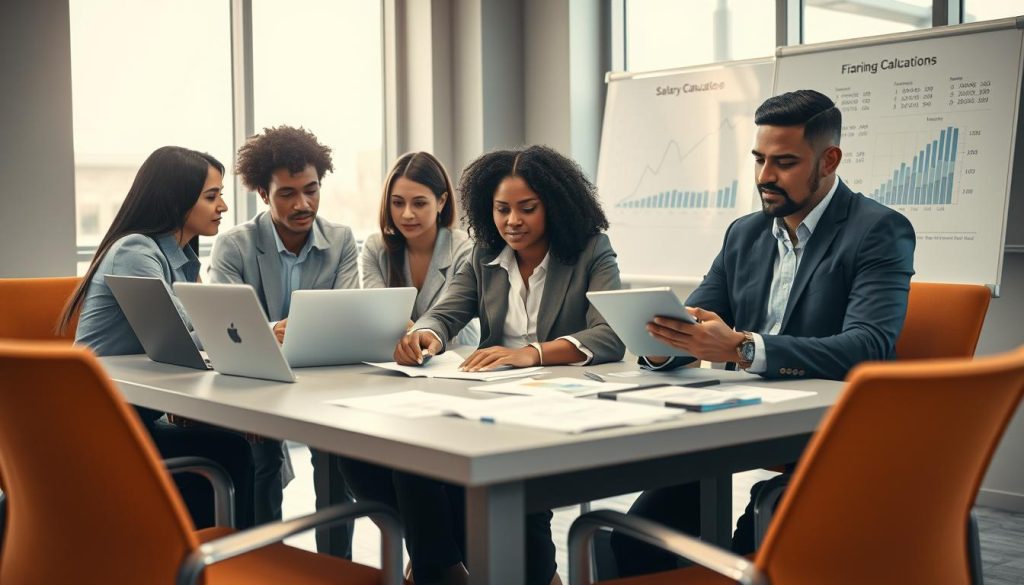 A professional business setting showcasing a diverse group of five individuals collaborating at a modern office table, surrounded by laptops and financial documents. In the foreground, one person, a Black woman in a business suit, is calculating numbers on a tablet, with focused expressions on her colleagues’ faces, all dressed in professional attire. The middle ground features a whiteboard with charts and graphs related to salary calculations, emphasizing data analysis. The background reveals large windows with natural light streaming in, casting a warm glow that enhances the atmosphere of productivity and teamwork. The overall mood is one of professionalism and collaboration, highlighting themes of finance and optimization in the context of employment. A professional business setting showcasing a diverse group of five individuals collaborating at a modern office table, surrounded by laptops and financial documents. In the foreground, one person, a Black woman in a business suit, is calculating numbers on a tablet, with focused expressions on her colleagues’ faces, all dressed in professional attire. The middle ground features a whiteboard with charts and graphs related to salary calculations, emphasizing data analysis. The background reveals large windows with natural light streaming in, casting a warm glow that enhances the atmosphere of productivity and teamwork. The overall mood is one of professionalism and collaboration, highlighting themes of finance and optimization in the context of employment.