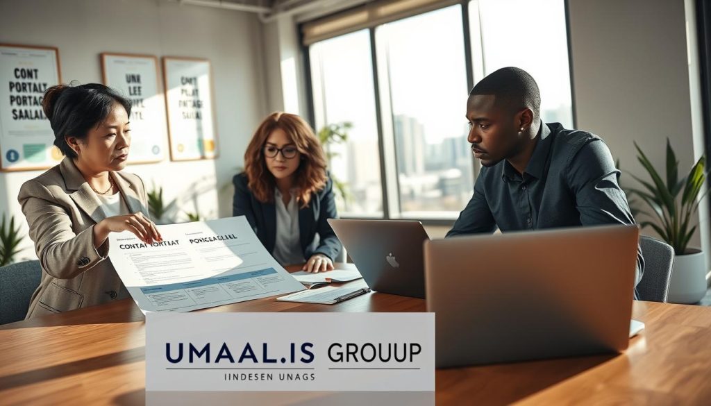 A professional business setting showcasing a diverse group of individuals discussing a “contrat portage salarial” over a conference table. In the foreground, a middle-aged Asian woman in a tailored blazer points to a document highlighting contract terms, while a young Black man in a smart shirt takes notes with a laptop open in front of him. The middle ground features a modern office decorated with motivational posters and plants, emphasizing a collaborative atmosphere. In the background, large windows reveal a city skyline under natural daylight, casting soft shadows. The overall mood is focused and professional, invoking trust and security. The logo of "UMALIS GROUP" subtly appears on a document on the table, emphasizing a professional brand in the context of independent work and contract management.