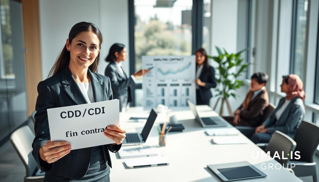 A professional business setting showcasing a diverse group of individuals discussing employment contracts. In the foreground, a confident woman in a smart business suit holds a document labeled 'CDD/CDI Fin Contrat.' Behind her, a man in a formal outfit points at an informative chart illustrating salary impacts. The middle ground features a well-organized conference table with laptops, notepads, and a plant, conveying a productive atmosphere. In the background, a large window allows natural light to illuminate the room, enhancing a feeling of openness and transparency. Soft shadows add depth while maintaining a bright, encouraging ambiance. The overall mood should reflect professionalism and clarity, incorporating the brand name "UMALIS GROUP" subtly within the scene.