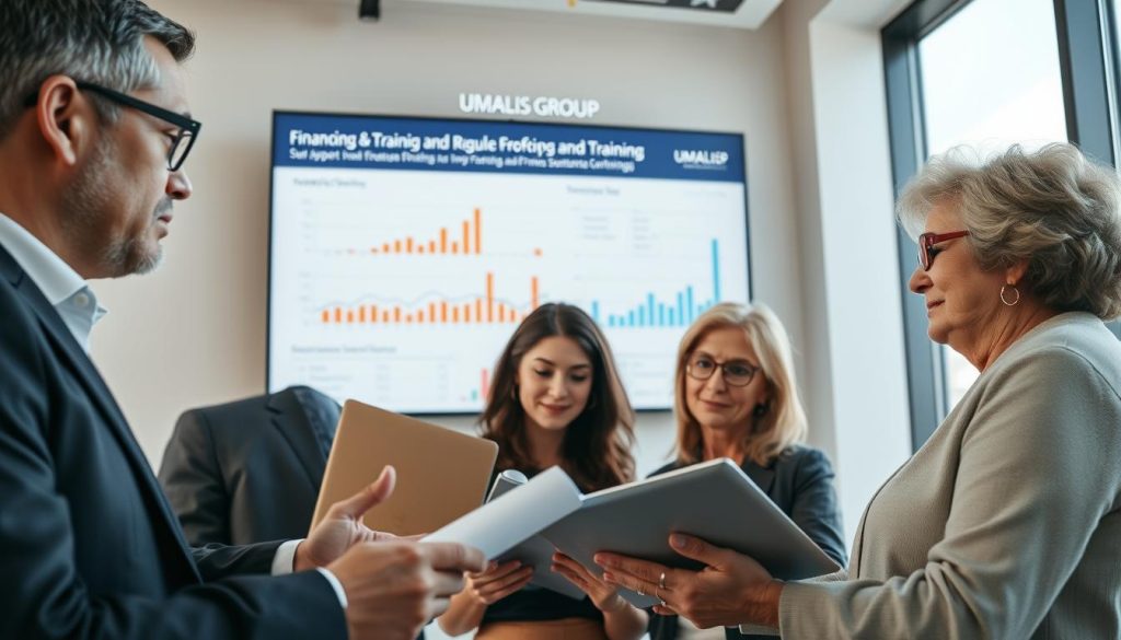 A professional business setting showcasing a diverse group of individuals engaged in a discussion about financing and training opportunities. In the foreground, a group of three people in business attire—a middle-aged man with glasses, a young woman with a laptop, and an older woman holding a tablet—are analyzing documents together. The background features a large screen displaying financial charts and graphs related to funding and training programs with the logo "UMALIS GROUP" prominently featured. Soft, natural lighting illuminates the scene, creating a collaborative and inspiring atmosphere. The angle of the shot is slightly elevated, capturing the dynamic interaction in a modern office space, with large windows allowing sunlight to filter in, enhancing the professional yet inviting mood.