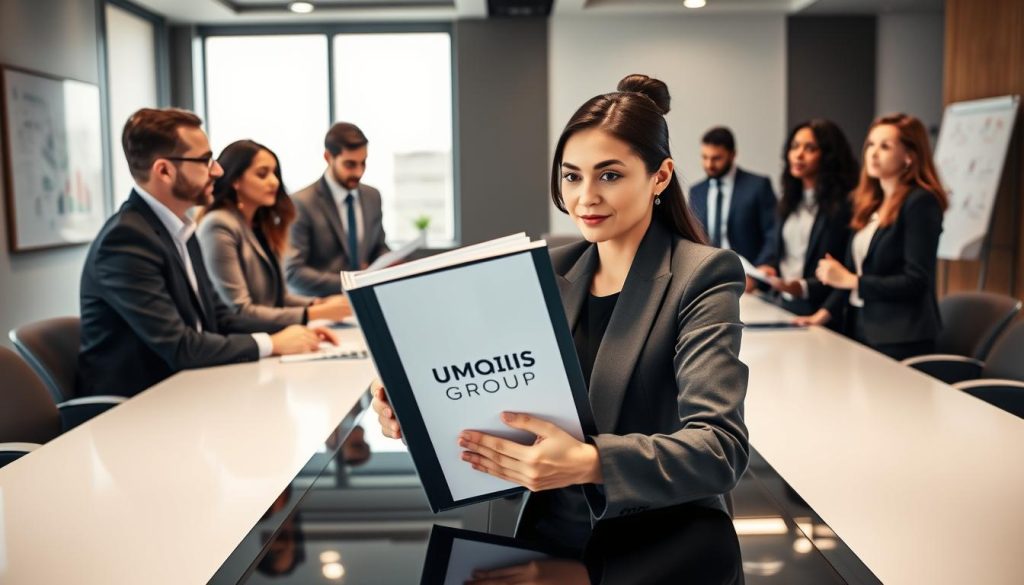 A professional business setting showcasing a diverse group of individuals in smart business attire gathered around a sleek, modern conference table. They are engaged in a collaborative discussion, examining documents related to selecting a professional partnership, symbolizing the theme of "choisir société portage". In the foreground, focus on a female professional holding a folder labeled "UMALIS GROUP" with a thoughtful expression, while others contribute ideas. The middle ground features a large window with soft, natural light pouring in, illuminating the scene and enhancing the inviting atmosphere. The background includes modern office decor and a whiteboard with strategic notes. The image conveys professionalism, collaboration, and the pursuit of independence in business.