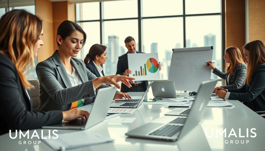 A professional business setting showcasing a diverse group of individuals in smart business attire, collaborating over a sleek conference table with laptops and financial documents spread out. In the foreground, a focused woman points at a pie chart on her laptop screen, symbolizing optimized remuneration strategies in portage salarial. The middle ground features a man writing numbers and strategies on a whiteboard, emphasizing teamwork and planning. The background includes large windows with a city skyline, allowing natural light to flood the room, creating a bright and inspiring atmosphere. The scene should capture the importance of financial optimization with a modern, professional feel. Include a subtle branding element representing "UMALIS GROUP" in a tasteful, integrated manner.