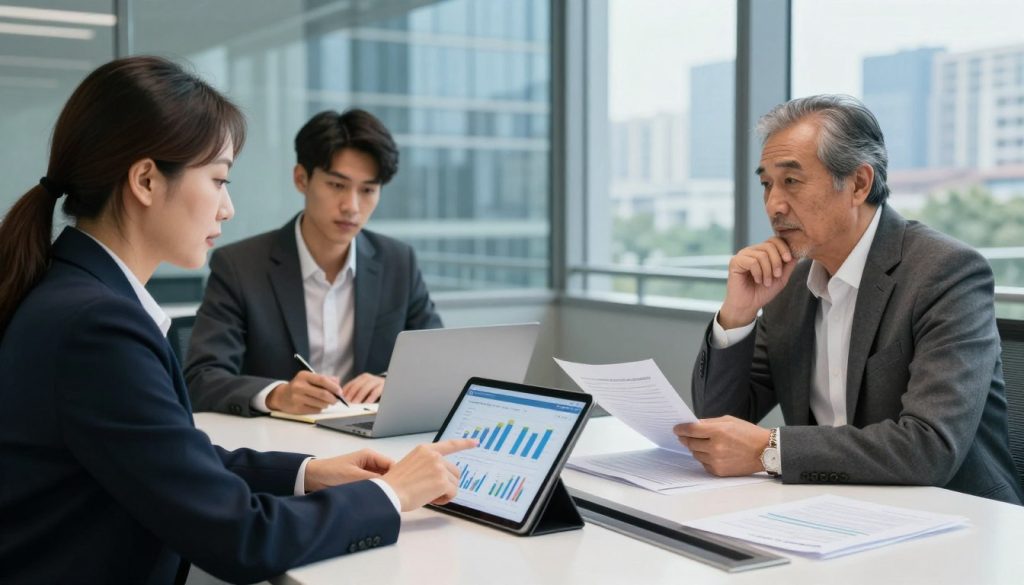 A professional business setting, showcasing a diverse team of three individuals engaged in discussion around a sleek conference table, with digital devices and documents spread out. In the foreground, focus on a middle-aged woman in business attire, pointing to a tablet displaying project graphs, symbolizing mission management. Beside her, a young man in a suit is taking notes, while an older gentleman in smart casual wear leans back, thoughtfully analyzing a report, representing salary management. The background features a large glass window revealing a modern cityscape, with soft, natural lighting enhancing the atmosphere of collaboration and efficiency. The overall mood is one of focus and professionalism, embodying the concept of efficient administrative management. A professional business setting, showcasing a diverse team of three individuals engaged in discussion around a sleek conference table, with digital devices and documents spread out. In the foreground, focus on a middle-aged woman in business attire, pointing to a tablet displaying project graphs, symbolizing mission management. Beside her, a young man in a suit is taking notes, while an older gentleman in smart casual wear leans back, thoughtfully analyzing a report, representing salary management. The background features a large glass window revealing a modern cityscape, with soft, natural lighting enhancing the atmosphere of collaboration and efficiency. The overall mood is one of focus and professionalism, embodying the concept of efficient administrative management.