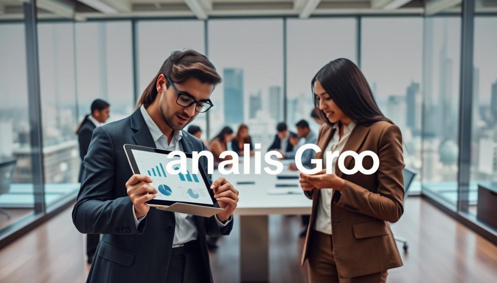 A professional business setting showcasing a group of diverse consultants engaging in a strategic discussion. In the foreground, two consultants, one male and one female, both dressed in smart business attire, are intensely analyzing a digital tablet displaying graphs and charts. In the middle ground, a large conference table surrounded by team members, actively jotting down notes and exchanging ideas. The background features a glass-walled office with a city skyline view, allowing natural light to fill the space, creating a bright and dynamic atmosphere. The overall mood is focused and collaborative, highlighting the theme of management transition. The Umalis Group logo subtly integrated into the design elements without being obtrusive.