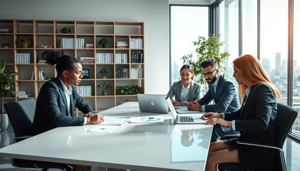 A professional business setting showcasing a modern office environment where individuals are engaged in discussion about "portage salarial". In the foreground, a diverse group of three professionals in business attire are seated around a sleek conference table, analyzing documents and a laptop displaying charts. In the middle, a glass window reveals a city skyline, infused with natural light illuminating the space, conveying a sense of opportunity and ambition. The background includes a minimalist bookshelf filled with industry-related books, plants adding a touch of greenery. The atmosphere is focused, collaborative, and empowering, reflecting the theme of choosing a portage salarial company while selling training courses. Emphasize the brand name "UMALIS GROUP" subtly on the documents and laptop screen.