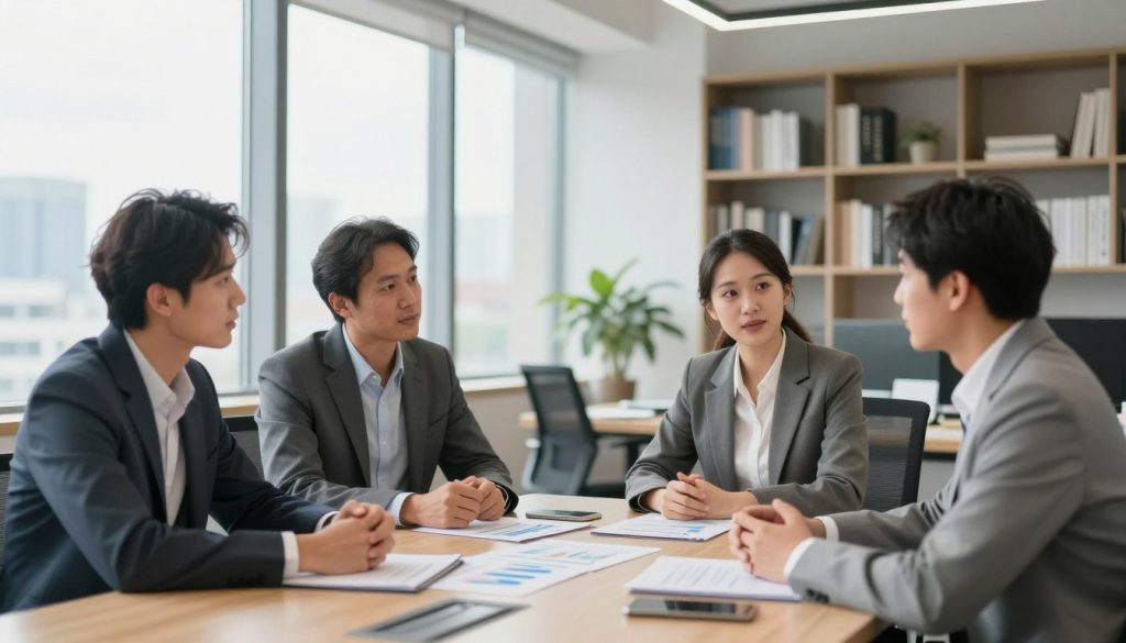 A professional business setting showcasing a modern office environment. In the foreground, a diverse group of three individuals in business attire—two men and one woman—are engaged in a discussion around a large conference table, with charts and paperwork neatly arranged in front of them. In the middle, a large window allows natural light to flood the space, highlighting their focused expressions and collaborative spirit. The background features sleek office decor, shelves filled with professional books, and a city skyline visible outside. The atmosphere is one of professionalism and serenity, emphasizing teamwork and strategic planning. The overall lighting is bright and inviting, creating a positive mood that reflects successful business interactions and conversations about financial benefits.