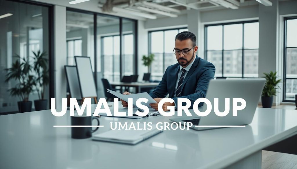 A professional business setting showcasing a "salarié porté," depicted as a confident individual in smart business attire, exuding a sense of expertise and autonomy. In the foreground, the individual is seated at a sleek, modern desk with a laptop open, reviewing documents. The middle layer features a well-organized workspace with professional tools like notepads, a coffee cup, and a framed certificate, symbolizing qualifications. The background displays a softly lit office with large windows allowing natural light to flood the space, highlighting the atmosphere of productivity and professionalism. The overall mood is inspiring and focused, emphasizing career growth and independence. Incorporate the logo of "UMALIS GROUP" subtly in the scene. A professional business setting showcasing a "salarié porté," depicted as a confident individual in smart business attire, exuding a sense of expertise and autonomy. In the foreground, the individual is seated at a sleek, modern desk with a laptop open, reviewing documents. The middle layer features a well-organized workspace with professional tools like notepads, a coffee cup, and a framed certificate, symbolizing qualifications. The background displays a softly lit office with large windows allowing natural light to flood the space, highlighting the atmosphere of productivity and professionalism. The overall mood is inspiring and focused, emphasizing career growth and independence. Incorporate the logo of "UMALIS GROUP" subtly in the scene.