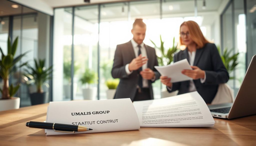 A professional business setting showcasing a "statut contrat facturation". In the foreground, a neatly organized desk holds documents with the brand name "UMALIS GROUP" visibly printed, alongside a pen and a laptop. In the middle ground, two people in smart business attire—one is a freelancer reviewing the documents, and the other is a consultant explaining the details—engaged in an informative discussion. Soft, natural light filters in through a large window, creating a warm and inviting atmosphere. The background features a modern office with glass walls and plants, enhancing the sense of professionalism and openness. The overall mood conveys a sense of security and freedom, emphasizing the collaborative nature of the freelance working environment.