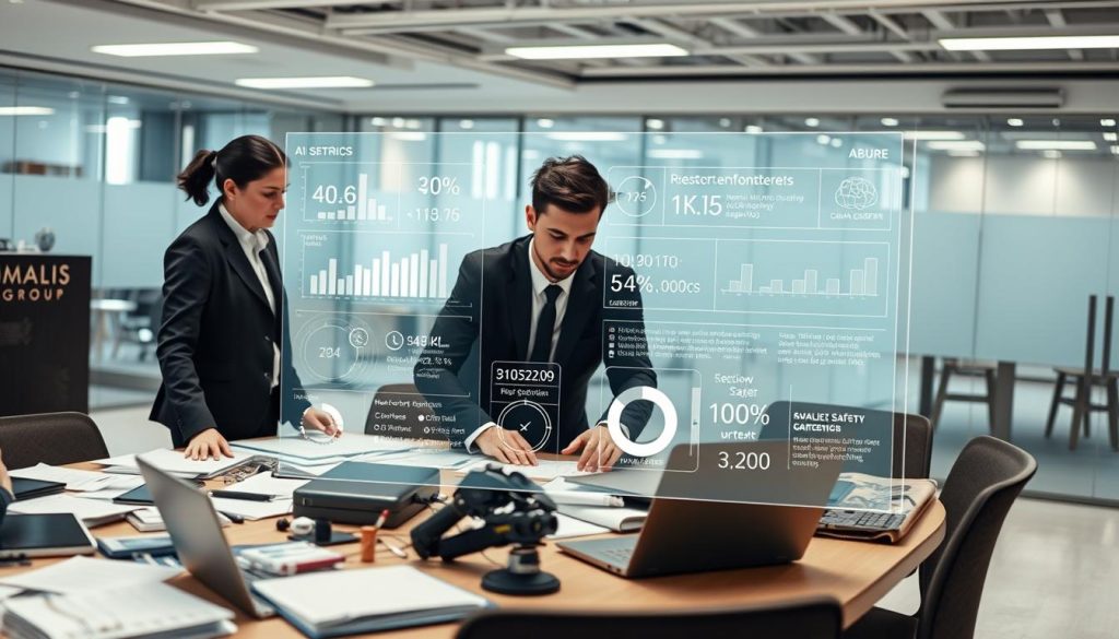 A professional business setting showcasing an evaluation of AI safety in a portage salarial context. In the foreground, a diverse team of three professionals in business attire collaborates around a large table cluttered with laptops, documents, and digital devices. In the middle ground, a clear holographic display illustrates data analysis, risk metrics, and AI safety parameters. The atmosphere is focused and serious, with a soft, diffused lighting to highlight the clarity of the hologram. In the background, a modern office environment with glass partitions and tech-inspired decor. The team members are engaged in discussion, portraying a sense of urgency and importance. The brand name "UMALIS GROUP" featured subtly in the design of the office environment.