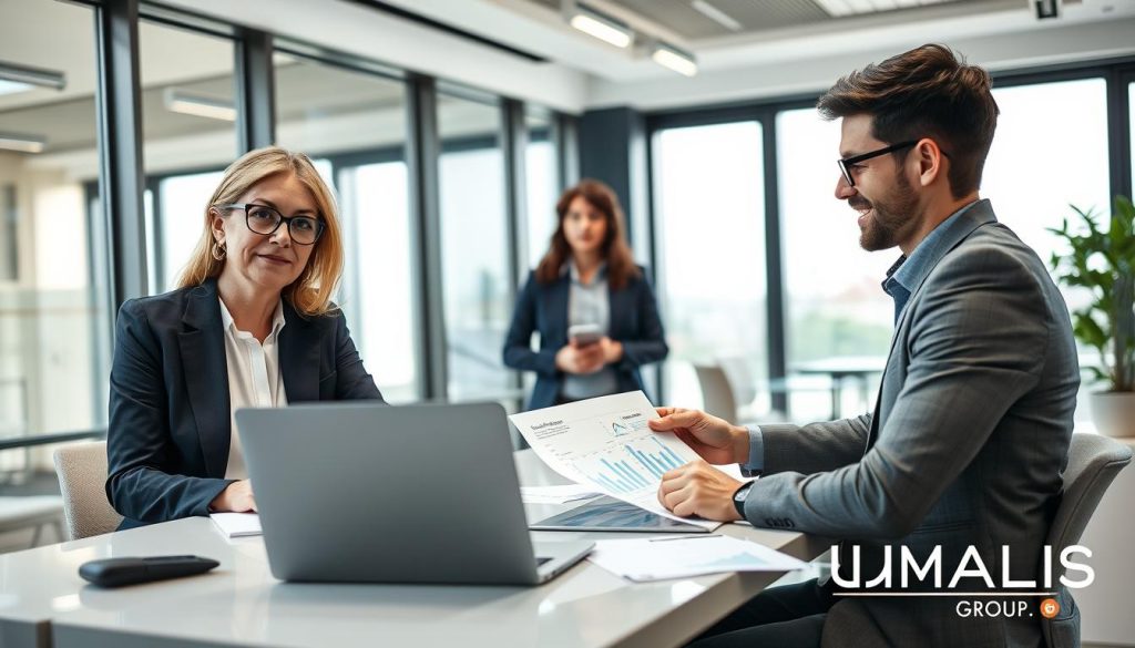 A professional business setting showcasing effective tax management strategies. In the foreground, a business consultant in formal attire, a middle-aged woman with glasses, confidently discusses financial charts and graphs with a young male freelance worker in business casual clothing. The middle ground features a sleek desk with a laptop open to an online financial dashboard, along with documents related to salary portage. The background displays a modern office with large windows letting in natural light, creating a motivating atmosphere. The scene conveys focus and collaboration, emphasizing financial planning and independence in a corporate-style environment. Include the logo of "UMALIS GROUP" subtly integrated into the office décor.