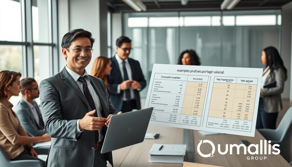 A professional business setting showcasing "exemples pratiques portage salarial". In the foreground, a confident consultant in smart business attire presents a well-organized chart illustrating income breakdowns, emphasizing clear distinctions between gross and net salary. To the side, a laptop open to a detailed financial analysis. In the middle, a diverse group of professionals, including men and women of varying ethnicities, engage in discussion around a modern conference table, nodding in understanding. The background features a sleek office environment with large windows allowing natural light to flood the room, creating an inviting atmosphere. The mood is collaborative and focused, symbolizing clarity in financial matters. Include subtle branding elements that suggest "Umalis Group", reflecting expertise in portage salarial. A professional business setting showcasing "exemples pratiques portage salarial". In the foreground, a confident consultant in smart business attire presents a well-organized chart illustrating income breakdowns, emphasizing clear distinctions between gross and net salary. To the side, a laptop open to a detailed financial analysis. In the middle, a diverse group of professionals, including men and women of varying ethnicities, engage in discussion around a modern conference table, nodding in understanding. The background features a sleek office environment with large windows allowing natural light to flood the room, creating an inviting atmosphere. The mood is collaborative and focused, symbolizing clarity in financial matters. Include subtle branding elements that suggest "Umalis Group", reflecting expertise in portage salarial.