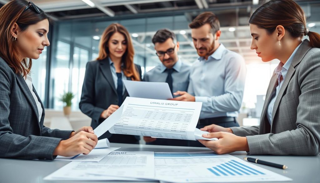 A professional business setting showcasing "frais gestion" concept. In the foreground, a diverse group of three professionals—one woman and two men—are engaged in a discussion over paperwork and financial documents, all wearing business attire. In the middle ground, there are several organized pieces of paperwork, including a detailed expense report and charts illustrating costs related to professional fees and social charges. The background features a modern office environment with large windows allowing natural light to illuminate the space, creating a vibrant and productive atmosphere. The overall mood is focused and collaborative, emphasizing clarity and understanding of financial management. The brand name "UMALIS GROUP" subtly displayed on one of the documents. A professional business setting showcasing "frais gestion" concept. In the foreground, a diverse group of three professionals—one woman and two men—are engaged in a discussion over paperwork and financial documents, all wearing business attire. In the middle ground, there are several organized pieces of paperwork, including a detailed expense report and charts illustrating costs related to professional fees and social charges. The background features a modern office environment with large windows allowing natural light to illuminate the space, creating a vibrant and productive atmosphere. The overall mood is focused and collaborative, emphasizing clarity and understanding of financial management. The brand name "UMALIS GROUP" subtly displayed on one of the documents.