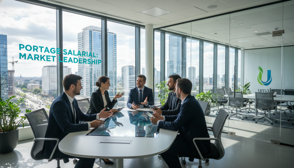 A professional business setting showcasing "portage salarial" positioning in the current market. In the foreground, a diverse group of professionals in smart business attire, engaged in a collaborative discussion around a sleek conference table with digital devices. The middle-ground features a modern office ambiance with large windows, allowing natural light to illuminate the space, scattering reflections on the polished surfaces. In the background, a city skyline visible through the glass, symbolizing the dynamic market environment. The atmosphere is energetic and forward-thinking, highlighting innovation and collaboration. Colors are harmonious with a balance of greens and blues to evoke a sense of professionalism and growth. Include the logo of Umalis Group subtly integrated into the scene.
