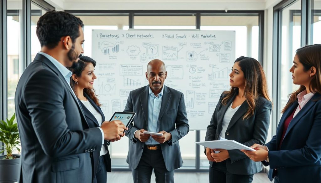A professional business setting showcasing strategies for building a client network, with an emphasis on self-marketing. In the foreground, a diverse group of three professionals in business attire discussing ideas. One is pointing at a digital tablet displaying charts and graphs, while the others are taking notes. In the middle ground, a whiteboard filled with notes and diagrams related to marketing strategies and client engagement. The background features a modern office with large windows, allowing natural light to flood the room, creating a bright and energetic atmosphere. The overall mood is collaborative and forward-thinking. The image should convey the essence of networking and marketing in the context of the Umalis Group brand. A professional business setting showcasing strategies for building a client network, with an emphasis on self-marketing. In the foreground, a diverse group of three professionals in business attire discussing ideas. One is pointing at a digital tablet displaying charts and graphs, while the others are taking notes. In the middle ground, a whiteboard filled with notes and diagrams related to marketing strategies and client engagement. The background features a modern office with large windows, allowing natural light to flood the room, creating a bright and energetic atmosphere. The overall mood is collaborative and forward-thinking. The image should convey the essence of networking and marketing in the context of the Umalis Group brand.