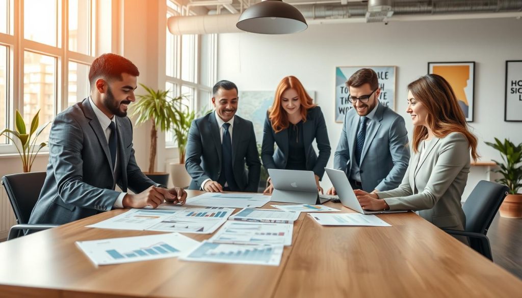 A professional business setting showcasing the advantages of "portage salarial" with a focus on security, autonomy, and flexibility. In the foreground, a diverse group of professionals in business attire (men and women) confidently discussing over a modern conference table, utilizing laptops and tablets. In the middle, a soft focus on documents, graphs, and charts that illustrate growth and productivity. In the background, a bright, open office space with large windows letting in natural daylight, plants for a refreshing atmosphere, and motivational artwork on the walls. The lighting should be warm and inviting, creating a sense of hope and opportunity. The overall mood is positive and empowering, reflecting the benefits of independent work through "UMALIS GROUP". A professional business setting showcasing the advantages of "portage salarial" with a focus on security, autonomy, and flexibility. In the foreground, a diverse group of professionals in business attire (men and women) confidently discussing over a modern conference table, utilizing laptops and tablets. In the middle, a soft focus on documents, graphs, and charts that illustrate growth and productivity. In the background, a bright, open office space with large windows letting in natural daylight, plants for a refreshing atmosphere, and motivational artwork on the walls. The lighting should be warm and inviting, creating a sense of hope and opportunity. The overall mood is positive and empowering, reflecting the benefits of independent work through "UMALIS GROUP".