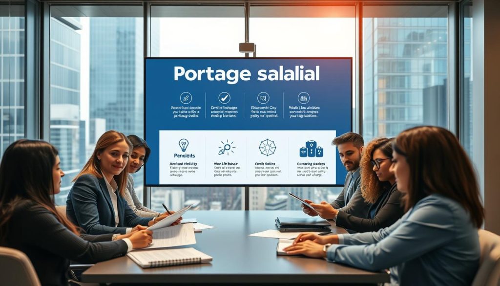 A professional business setting showcasing the advantages of "portage salarial". In the foreground, a well-dressed group of diverse professionals in business attire discussing documents around a conference table, with expressions of collaboration and interest. The middle ground features a large digital screen displaying key highlights of the benefits of portage salarial, with clear graphical representations of growth, flexibility, and work-life balance. In the background, glass windows reveal a bustling cityscape, symbolizing opportunity and connectivity. Soft, natural lighting from the windows creates an inviting atmosphere. Use a wide-angle lens to capture the dynamics of the scene. The overall mood is positive and forward-thinking, emphasizing professionalism. Include a subtle logo of "UMALIS GROUP" on the screen. A professional business setting showcasing the advantages of "portage salarial". In the foreground, a well-dressed group of diverse professionals in business attire discussing documents around a conference table, with expressions of collaboration and interest. The middle ground features a large digital screen displaying key highlights of the benefits of portage salarial, with clear graphical representations of growth, flexibility, and work-life balance. In the background, glass windows reveal a bustling cityscape, symbolizing opportunity and connectivity. Soft, natural lighting from the windows creates an inviting atmosphere. Use a wide-angle lens to capture the dynamics of the scene. The overall mood is positive and forward-thinking, emphasizing professionalism. Include a subtle logo of "UMALIS GROUP" on the screen.