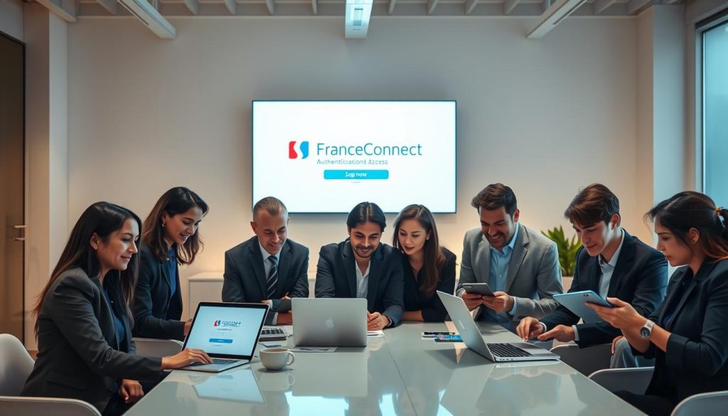 A professional business setting showcasing the concept of "FranceConnect" authentication. In the foreground, a diverse group of professionals dressed in smart business attire is gathered around a modern table, collaborating with digital devices like laptops and tablets, displaying secure login interfaces. In the middle ground, a large screen or monitor features the FranceConnect logo illuminated, emphasizing the theme of simplified access. The background includes minimalist office elements, with soft glowing lights and sleek furniture, creating a warm and inviting atmosphere. The lighting is bright but soft, highlighting the professionals' focused expressions while maintaining a sense of approachability. The overall mood conveys innovation, collaboration, and ease of access to digital services. A professional business setting showcasing the concept of "FranceConnect" authentication. In the foreground, a diverse group of professionals dressed in smart business attire is gathered around a modern table, collaborating with digital devices like laptops and tablets, displaying secure login interfaces. In the middle ground, a large screen or monitor features the FranceConnect logo illuminated, emphasizing the theme of simplified access. The background includes minimalist office elements, with soft glowing lights and sleek furniture, creating a warm and inviting atmosphere. The lighting is bright but soft, highlighting the professionals' focused expressions while maintaining a sense of approachability. The overall mood conveys innovation, collaboration, and ease of access to digital services.