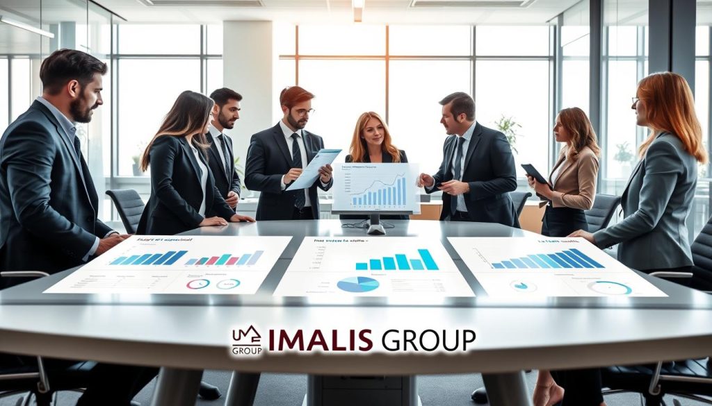 A professional business setting showcasing the concept of "Indicateurs des entreprises de portage salarial." In the foreground, a diverse group of business professionals in smart attire are engaged in a discussion around a modern, sleek conference table, analyzing charts and graphs displayed on digital screens. The middle ground features clear, visually appealing infographics representing key metrics, such as growth rates and market trends, emphasizing the nuances of the portage salarial market. In the background, a contemporary office space filled with natural light streaming in through large windows, creating an atmosphere of collaboration and insight. Include the logo of UMALIS GROUP subtly in the design, enhancing the professional context without overpowering the visual narrative. The composition should evoke a sense of clarity, focus, and professional determination.