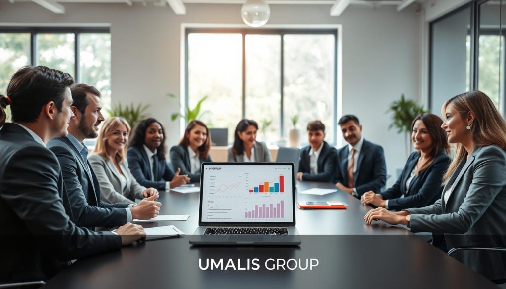 A professional business setting showcasing the concept of "Repères sur le portage salarial." In the foreground, a diverse group of business professionals in smart attire—men and women of varying ethnicities—are engaged in a discussion around a modern conference table. In the middle ground, an open laptop displays financial graphs and documents related to "portage salarial." The background features a bright, contemporary office with large windows letting in natural light, greenery visible outside, and modern decor. Use soft, even lighting to create a welcoming atmosphere. The focus should convey collaboration and professionalism. The brand name "UMALIS GROUP" should be subtly included in the design elements of the room, enhancing the context of the discussion.