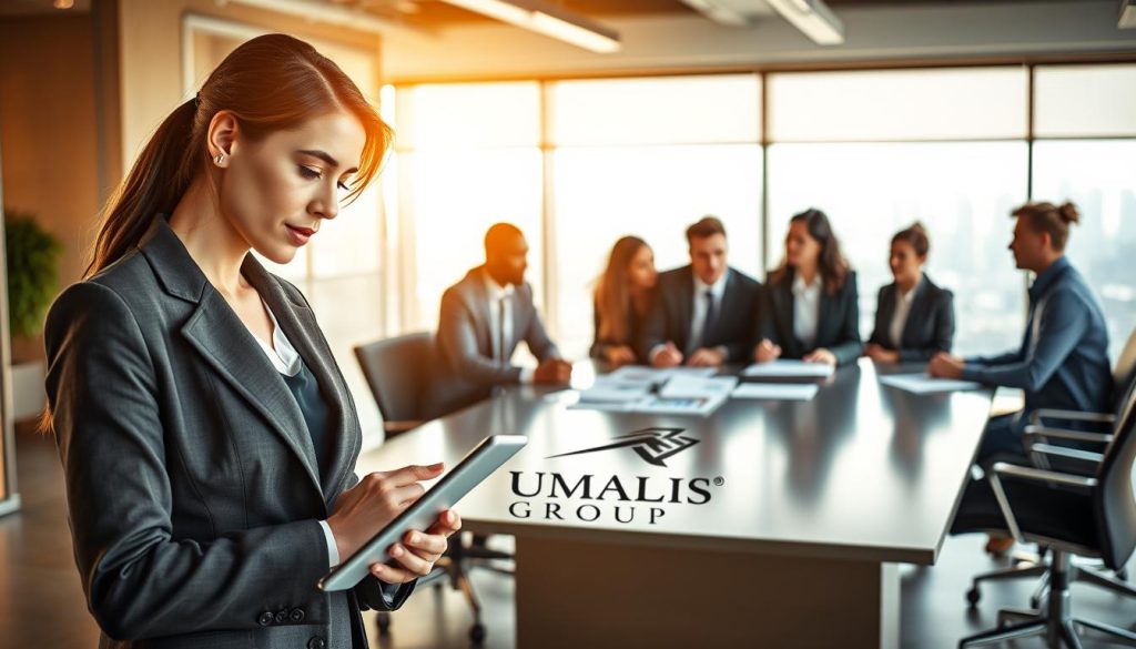 A professional business setting showcasing the concept of choosing a portage company. In the foreground, a confident businesswoman in a tailored suit studies a digital tablet, with a thoughtful expression, symbolizing decision-making. In the middle ground, a diverse group of professionals in business attire is engaged in discussion around a sleek conference table, with documents and charts visible, indicating analysis of various portage companies. The background features a modern office interior with panoramic windows letting in warm, natural light, contributing to a positive, open atmosphere. The branding "UMALIS GROUP" is subtly incorporated into an elegant logo on the conference table. The mood is focused and energetic, reflecting the serious yet hopeful nature of selecting a portage company.