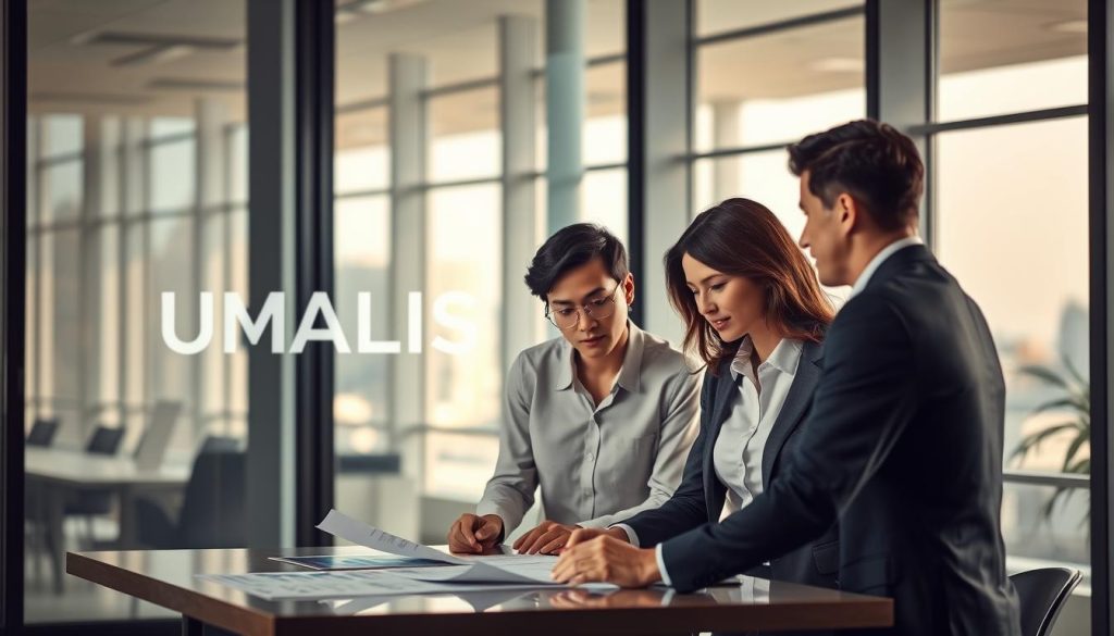 A professional business setting showcasing the concept of "garantie financière portage salarial". In the foreground, a diverse group of three individuals in business attire—two men and one woman—are engaged in a discussion, examining documents and charts on a table. The middle layer features a modern office with large windows allowing soft natural light to filter in, casting gentle shadows. In the background, a cityscape is visible through the glass, symbolizing a dynamic work environment. The atmosphere is one of collaboration and stability, reflecting the theme of financial guarantee and risk management in a business context. The logo "UMALIS GROUP" is subtly integrated into the design of the office walls, enhancing the professional tone.