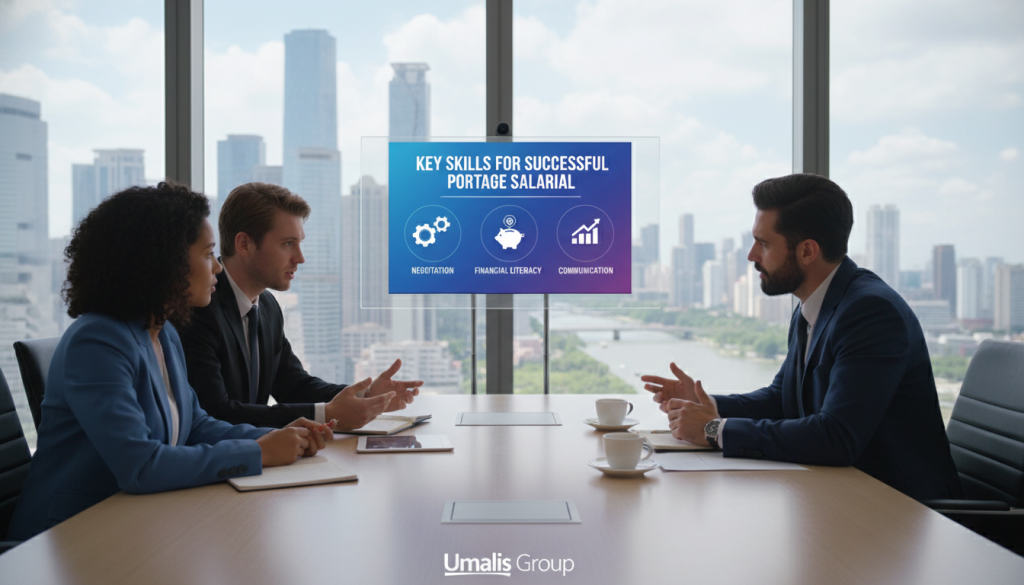 A professional business setting showcasing the concept of "key skills for successful portage salarial." In the foreground, a diverse group of three professionals dressed in smart business attire—one woman and two men—are engaged in a strategic discussion around a modern conference table. The middle ground features a digital display highlighting various skills like "negotiation," "financial literacy," and "communication," symbolized through relevant icons. The background includes a window view of a bustling city skyline, suggesting a dynamic work environment. The scene is well-lit with natural light streaming in, creating an inspiring atmosphere. Capture this in a wide-angle shot, focusing on the interaction and the collaborative spirit. Include the branding "Umalis Group" subtly integrated into the digital display.