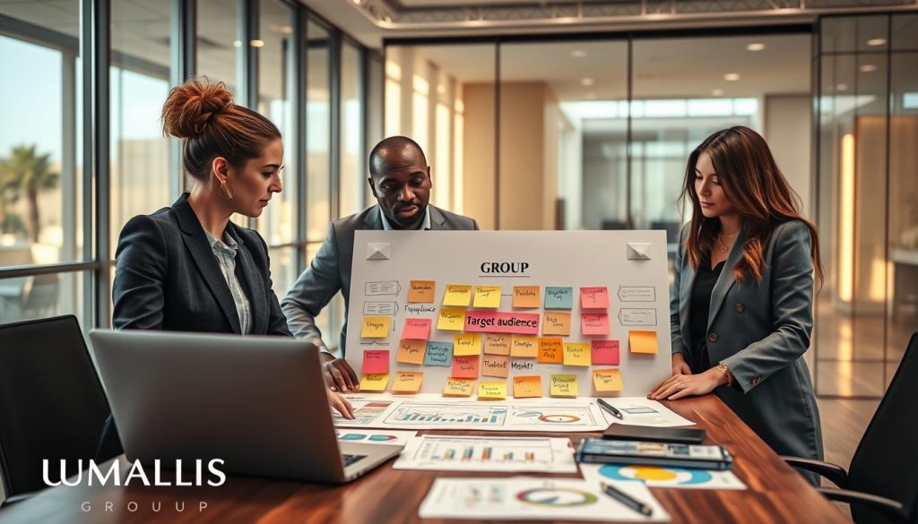 A professional business setting showcasing the concept of target market positioning. In the foreground, a diverse group of three expertly dressed professionals – a Caucasian woman, an African American man, and a Hispanic woman – are engaged in a dynamic discussion around a large table with market analysis charts and a laptop open, displaying graphs. In the middle, an elaborate board or whiteboard filled with colorful sticky notes labeled with keywords like “target audience,” “value proposition,” and “market trends.” The background features a modern office space with glass windows letting in warm, natural light, enhancing a collaborative and innovative atmosphere. The scene is captured at eye level with a slight depth of field, focusing on the professionals while subtly blurring the background. The branding "UMALIS GROUP" is subtly integrated into the design of the meeting space, emphasizing professionalism and strategic thinking.