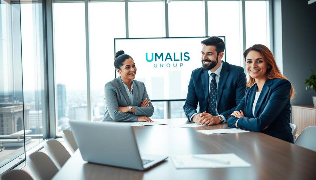 A professional business setting showcasing the theme of "portage salarial" and the security it provides for entrepreneurs. The foreground features a diverse group of three individuals, two men and one woman, in smart business attire, discussing with confidence around a modern office table. The middle ground displays a large window with a cityscape view, emphasizing flexibility and opportunity. The atmosphere is bright and optimistic, with natural sunlight filtering in, casting soft shadows. Subtle branding of "UMALIS GROUP" is visible on a presentation screen in the background, enhancing the theme of professional support. The mood conveys a sense of collaboration and empowerment among the characters, reflecting the essence of security and flexibility in self-employment.