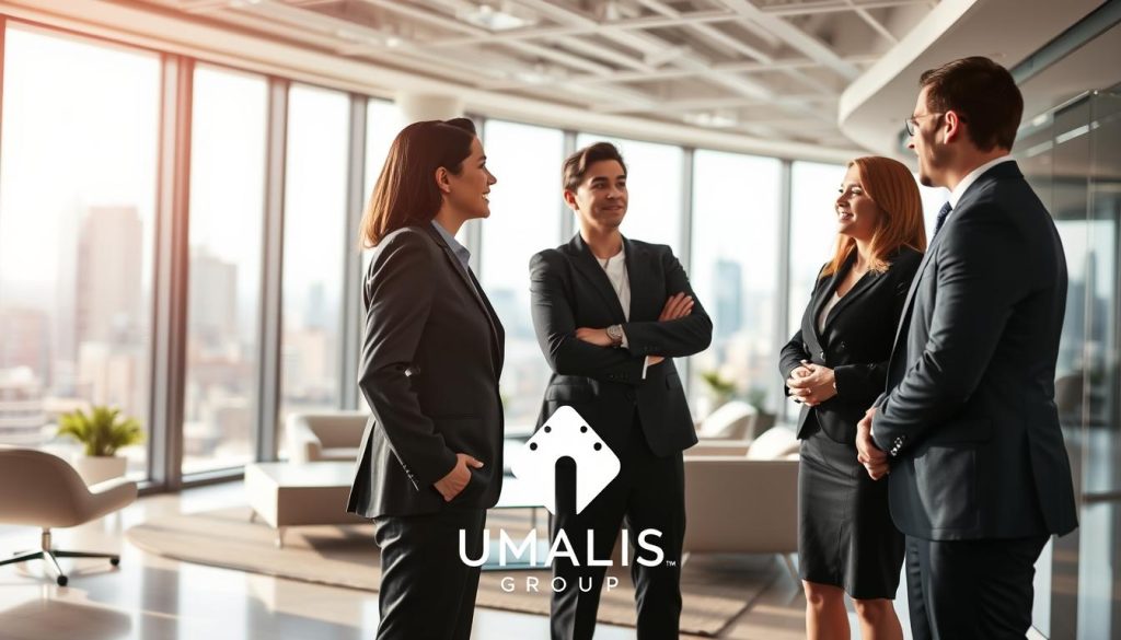 A professional business setting showcasing the tripartite relationship in portage salarial. In the foreground, three figures represent the "salarié porté," the "entreprise de portage," and the "entreprise cliente," all dressed in professional business attire. The "salarié porté" is a confident individual, actively engaging in a discussion with the other two. In the middle ground, a modern office environment with sleek furniture and large windows that allow natural light to flood the space. In the background, a cityscape suggests a thriving business atmosphere. The overall mood is collaborative and optimistic, symbolizing partnership and mutual benefit. Soft, white lighting enhances a professional feel. The logo "UMALIS GROUP" subtly integrated into the scene.