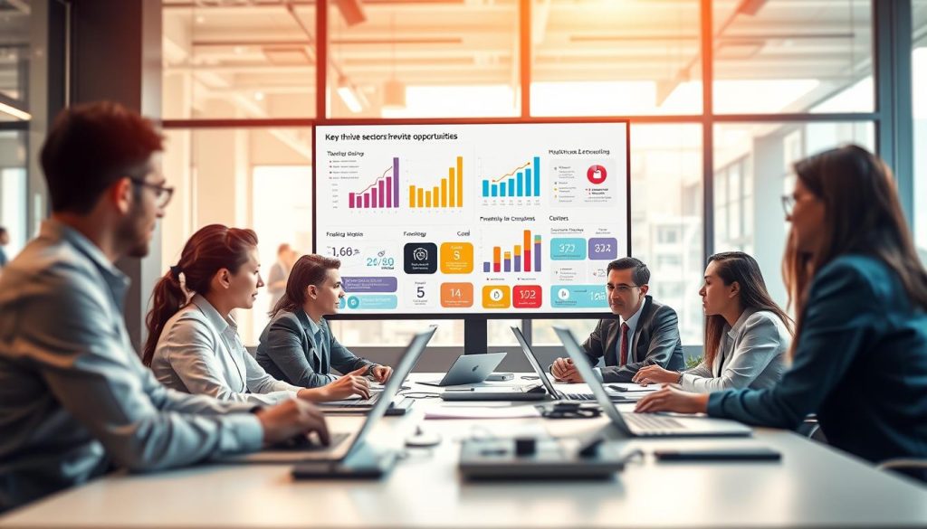 A professional business setting showcasing thriving sectors for freelance opportunities. In the foreground, a diverse group of individuals in business attire, engaged in a collaborative discussion around a table featuring laptops, documents, and charts. In the middle, a large screen displays colorful graphs and infographics highlighting key growth sectors such as technology, healthcare, and consulting. The background features a modern office environment with large windows letting in soft, natural light, creating an inviting atmosphere. The lighting is bright yet warm, enhancing the mood of collaboration and innovation. A slight depth of field blurs the background, emphasizing the engaged individuals in the forefront.