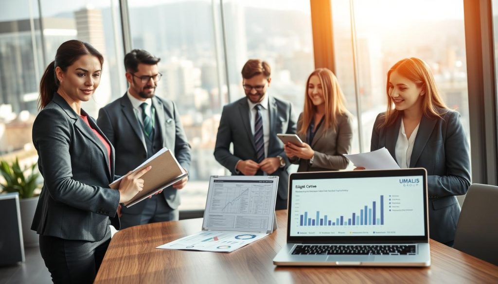 A professional business setting showing a diverse group of individuals representing different professions discussing eligibility requirements for the status of "salarié porté" in France. In the foreground, a confident woman in business attire holds a clipboard, while a man in a neat suit points at a document on a table. In the middle ground, a laptop displays graphs and eligibility criteria, with a smiling businesswoman taking notes. The background features a large window giving a view of a bustling cityscape, bathed in natural light that creates a warm and inviting atmosphere. The ambiance is focused and collaborative, reflecting professionalism and opportunity. Include the logo of "UMALIS GROUP" subtly on the table or laptop.