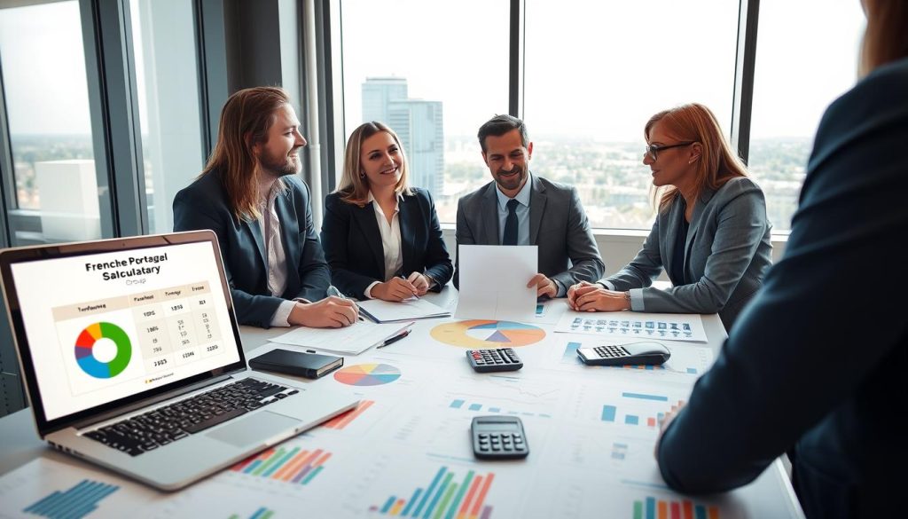 A professional business setting showing a mixed-gender group of three individuals in business attire engaged in a discussion around a large table covered with charts and graphs illustrating turnover, gross salary, and net salary in France. In the foreground, a laptop displaying a French portage salarial calculator and colorful pie charts. In the middle, notes and calculators are scattered, and a visual diagram connects turnover to gross and net salary. In the background, a large window reveals a view of a modern cityscape. The lighting is bright and natural, creating an informative and engaging atmosphere. The brand name "Umalis Group" is subtly integrated into the scene through a logo on one of the documents.