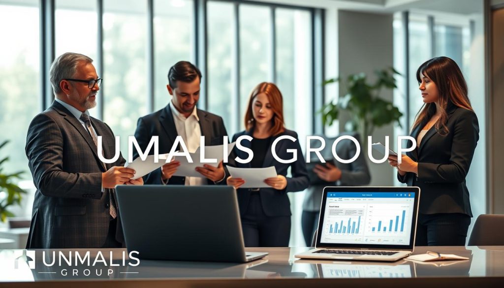 A professional business setting that embodies the concept of "expertise in portage salarial." In the foreground, a diverse group of three professionals in smart business attire, including a male consultant with glasses, a female business strategist, and a project manager discussing documents and digital devices that outline their skills and offerings. In the middle ground, an elegant desk with a laptop displaying graphs and charts, emphasizing the importance of defining expertise. The background features a bright, modern office with large windows, soft natural light spilling in, creating a welcoming atmosphere. The image should convey a mood of collaboration and clarity. Incorporate the brand name "UMALIS GROUP" subtly into the office environment, ensuring it aligns with the image’s professional tone.