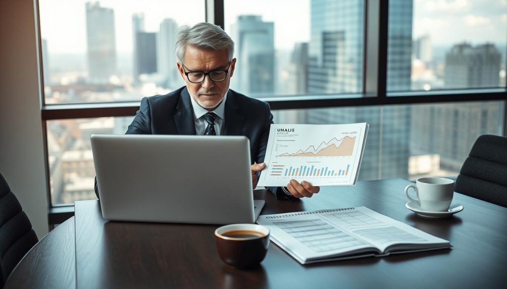 A professional business setting where a consultant is reviewing data related to their daily rate (TJM). In the foreground, a focused middle-aged consultant in smart business attire analyzes charts and graphs on a laptop, showing fluctuating market trends. The middle ground features a modern conference table with a few open documents and a cup of coffee. In the background, a window reveals a bustling cityscape, signifying a dynamic market environment. Soft, natural lighting streams in, highlighting the seriousness of the moment, while creating a calm yet determined atmosphere. The branding of "UMALIS GROUP" subtly integrated into a business document on the table. The composition should convey a sense of professionalism and strategic thinking without any text or distractions.