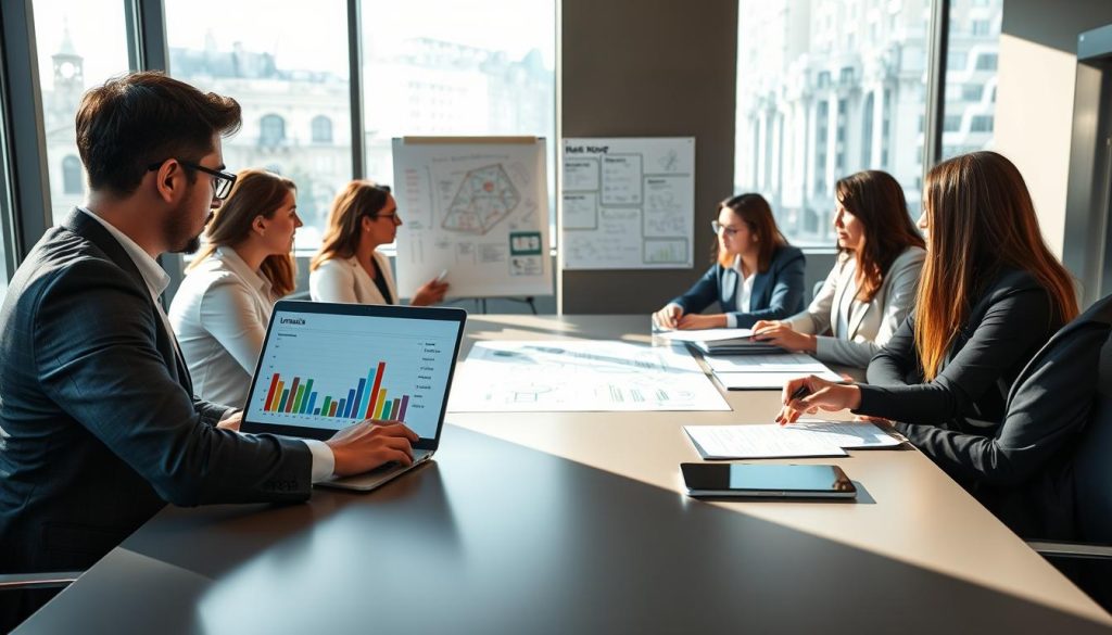 A professional business setting where a diverse group of independent professionals, dressed in smart business attire, are gathered around a sleek, modern conference table. In the foreground, one person is analyzing a colorful chart on a laptop, highlighting market needs and gaps. In the middle, a whiteboard filled with diagrams and notes captures a dynamic brainstorming session. The background features large windows letting in natural light, creating an open and inviting atmosphere. Soft shadows add depth, while a focus on warm tones enhances a sense of collaboration and innovation. Include subtle branding elements of "UMALIS GROUP" on materials around the table to reinforce the connection to market opportunities. A professional business setting where a diverse group of independent professionals, dressed in smart business attire, are gathered around a sleek, modern conference table. In the foreground, one person is analyzing a colorful chart on a laptop, highlighting market needs and gaps. In the middle, a whiteboard filled with diagrams and notes captures a dynamic brainstorming session. The background features large windows letting in natural light, creating an open and inviting atmosphere. Soft shadows add depth, while a focus on warm tones enhances a sense of collaboration and innovation. Include subtle branding elements of "UMALIS GROUP" on materials around the table to reinforce the connection to market opportunities.