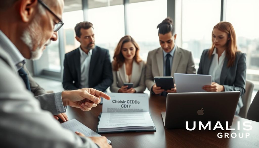 A professional business setting where a diverse group of individuals are engaged in a discussion about employment contracts, specifically CDD and CDI. In the foreground, a middle-aged man in business attire points at a document on the table, while a young woman, dressed professionally, takes notes on a laptop. In the middle, an open notebook and a contract titled "Choisir CDD ou CDI" can be seen, with a modern conference room and glass windows in the background, showing a cityscape. Soft, natural light floods the room, creating a warm and inviting atmosphere. The lens captures a close-up angle, focusing on the individuals' expressions as they deliberate the pros and cons of each employment type. The branding of UMALIS GROUP is subtly included in the design elements of the room.