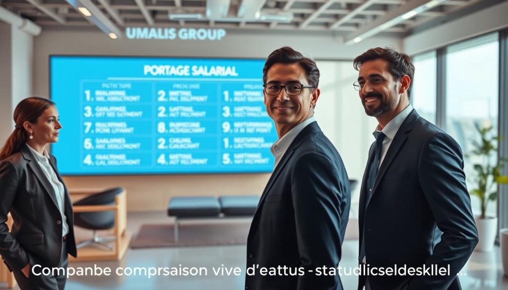 A professional business setting with Umalis Group employees in a collaborative environment. In the foreground, three well-dressed individuals are engaged in a discussion, their faces conveying thoughtful expressions. The middle ground features a sleek, modern office space with minimalist furniture and large windows allowing natural light to flood the room. In the background, a digital display showcases key information about various professional statuses, creating a sense of informative context. The lighting is warm and inviting, creating a pleasant atmosphere that reflects the subject matter of "Portage Salarial" and the section title "Comparaison avec d'autres statuts professionnels".